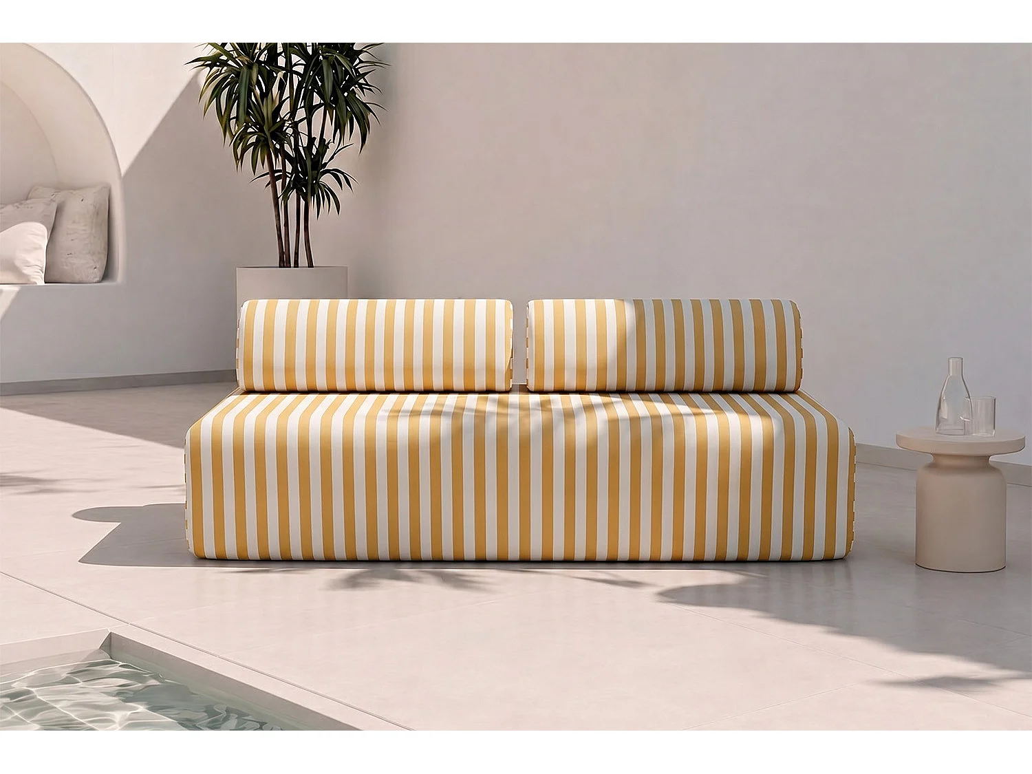 Canapé 3 places modulable - Tissu extérieur à rayures, blanc et jaune