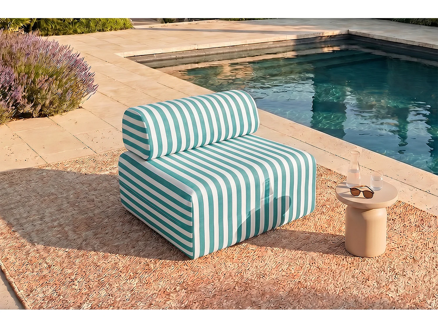 Fauteuil modulable - Tissu extérieur à rayures, blanc et bleu turquoise