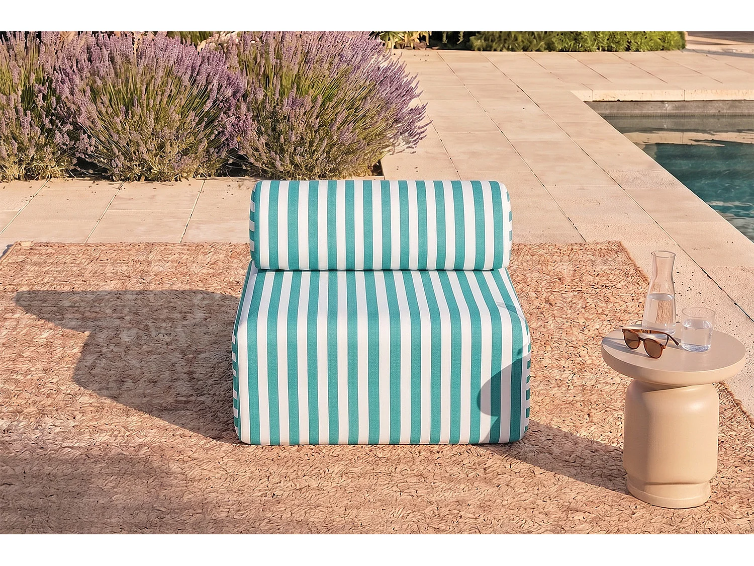 Fauteuil modulable - Tissu extérieur à rayures, blanc et bleu turquoise