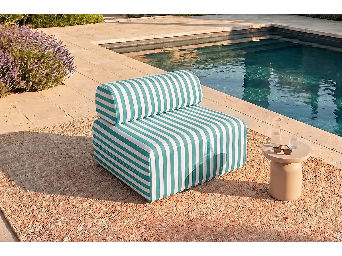 Fauteuil modulable - Tissu extérieur à rayures, blanc et bleu turquoise