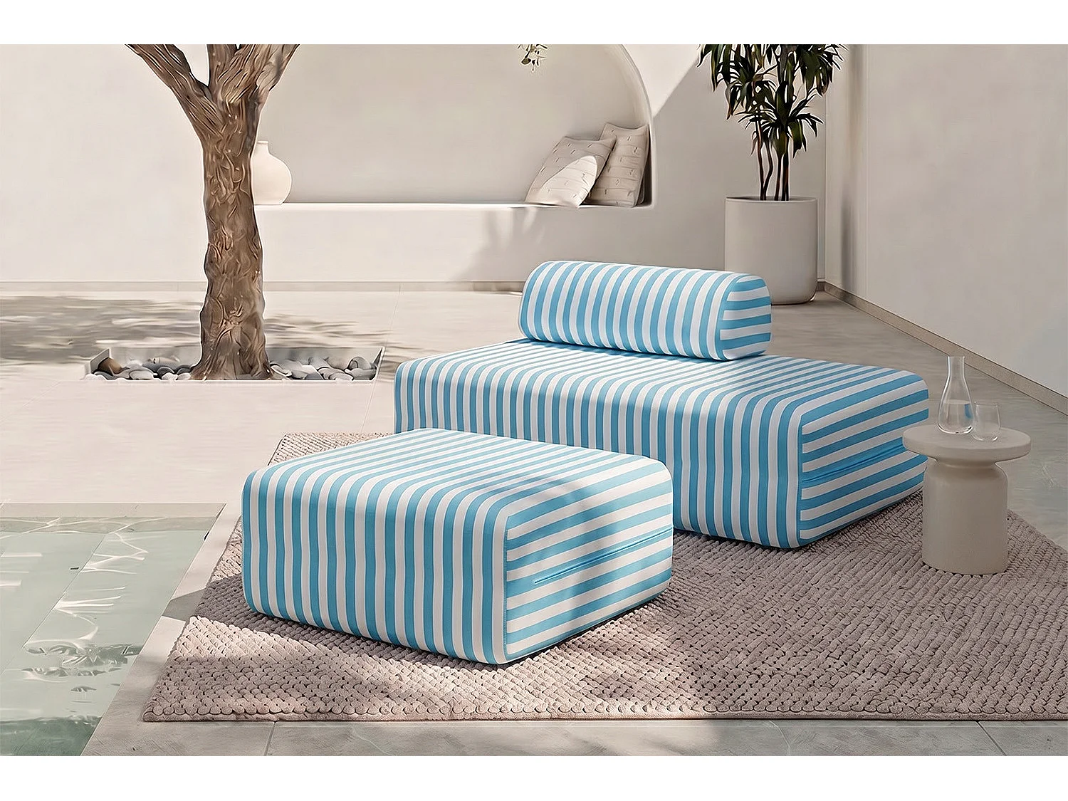 Pouf modulable - Tissu extérieur à rayures, blanc et bleu