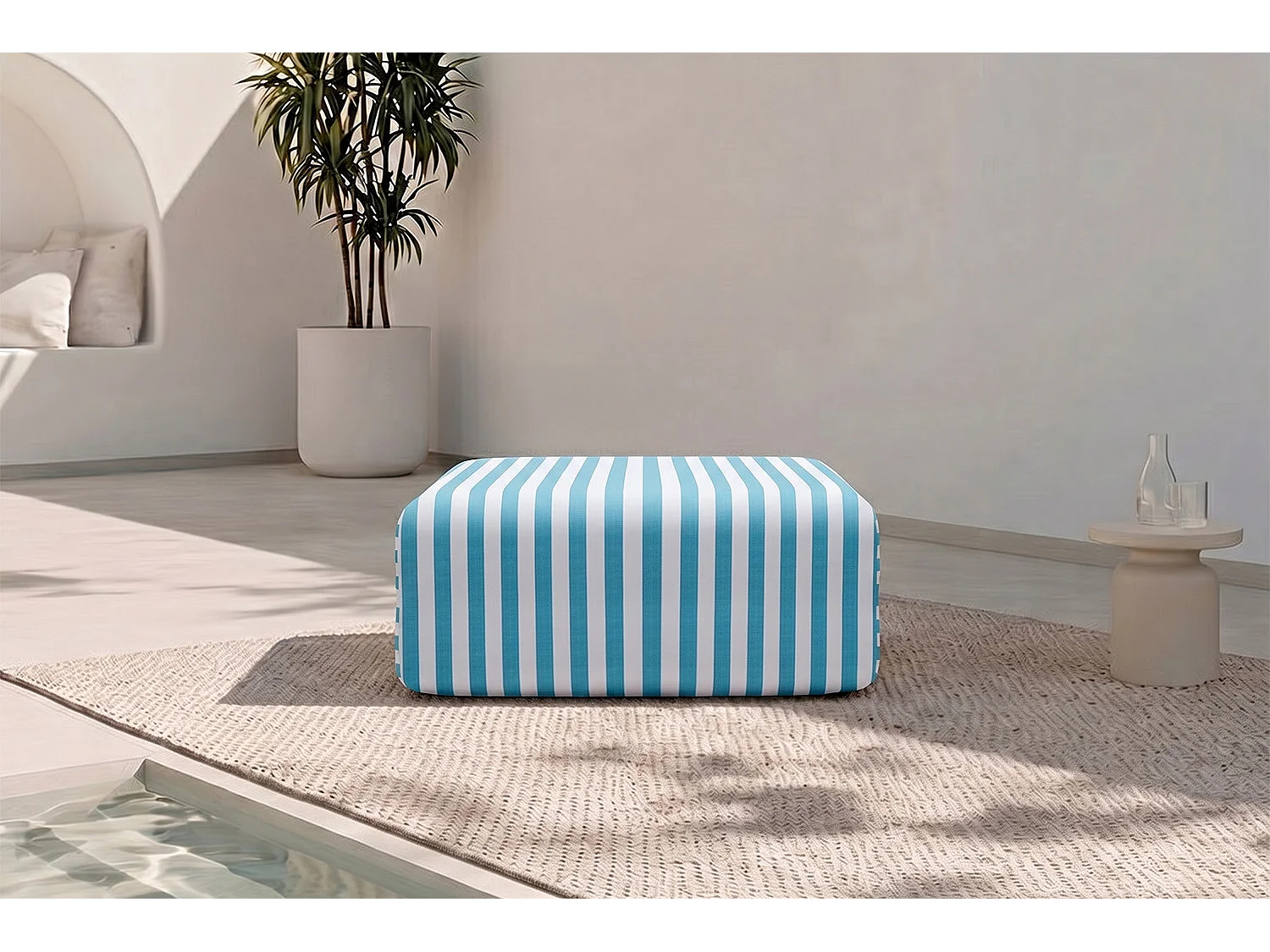 Pouf modulable - Tissu extérieur à rayures, blanc et bleu