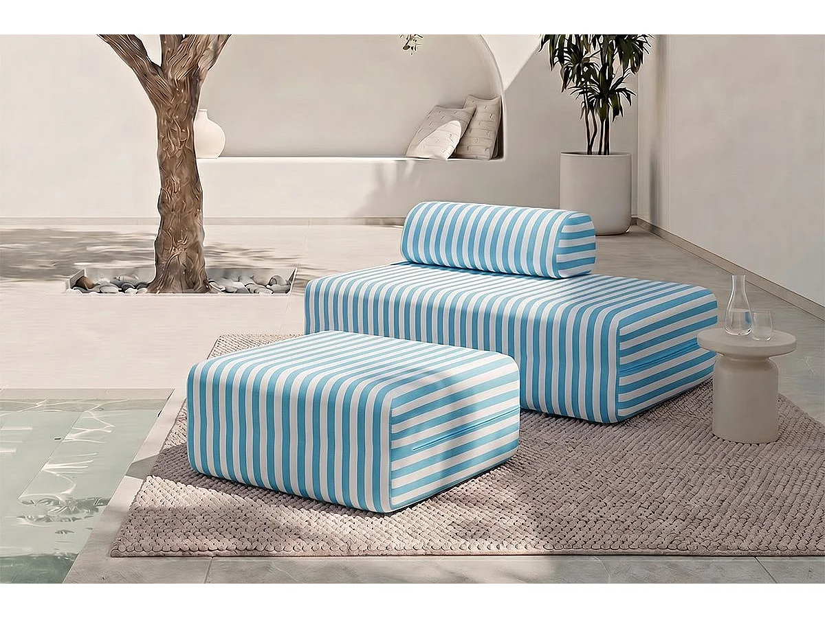 Pouf modulable - Tissu extérieur à rayures, blanc et bleu