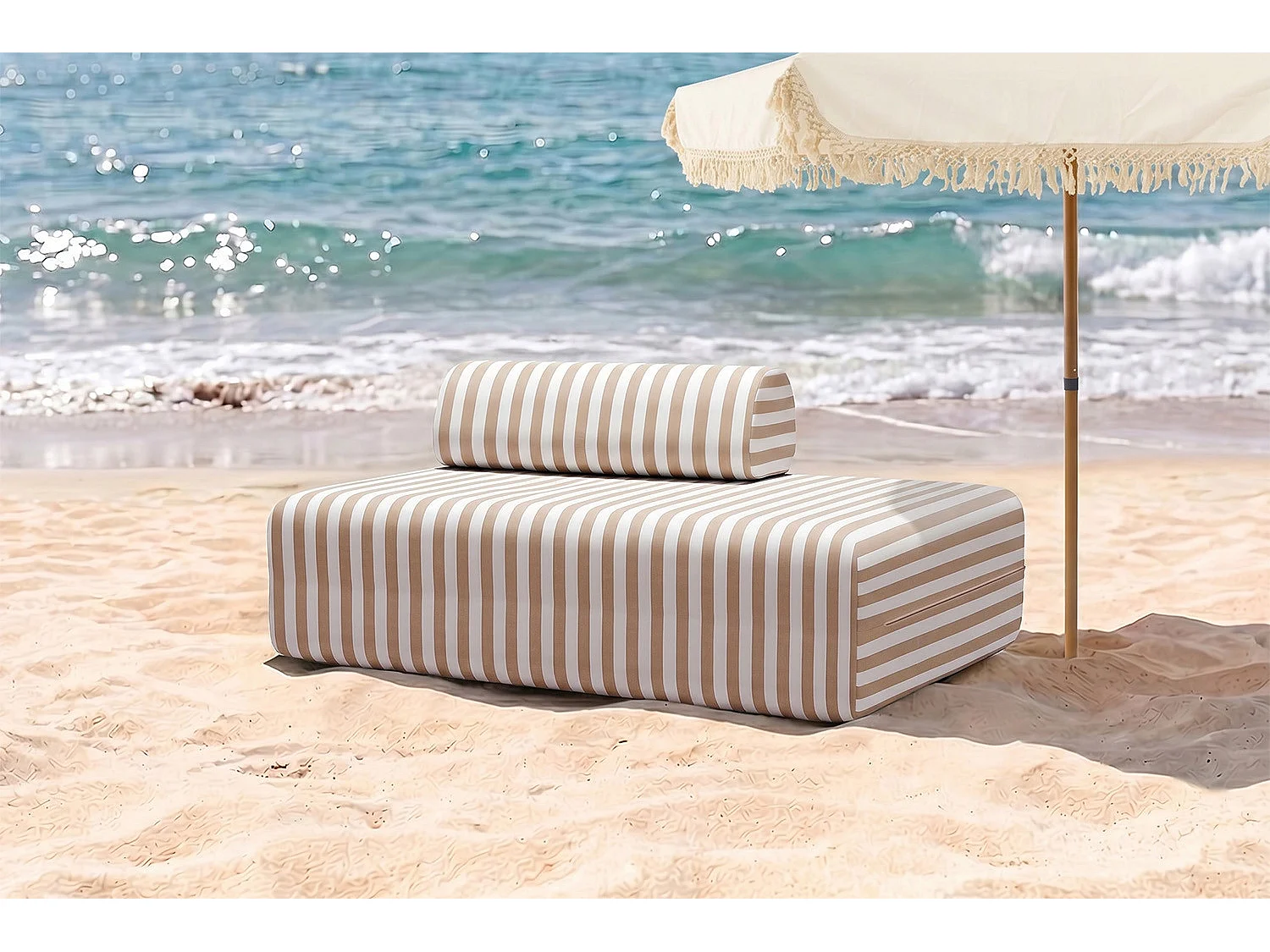 Canapé 2 places modulable - Tissu extérieur à rayures, blanc et marron