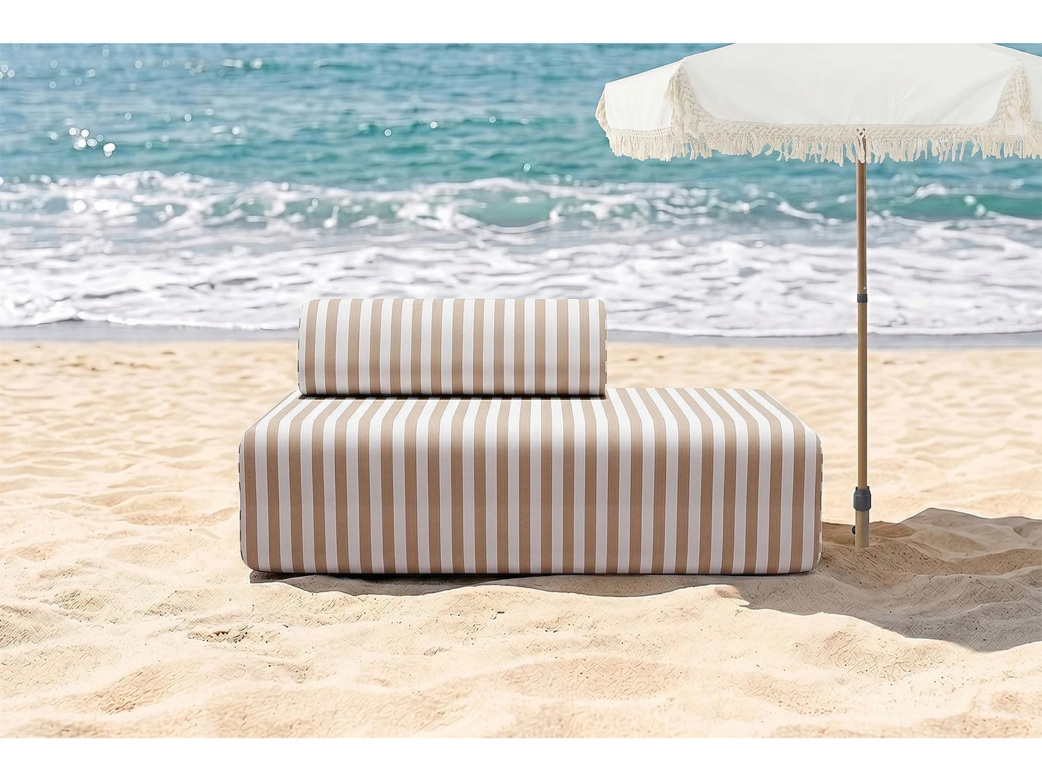 Canapé 2 places modulable - Tissu extérieur à rayures, blanc et marron