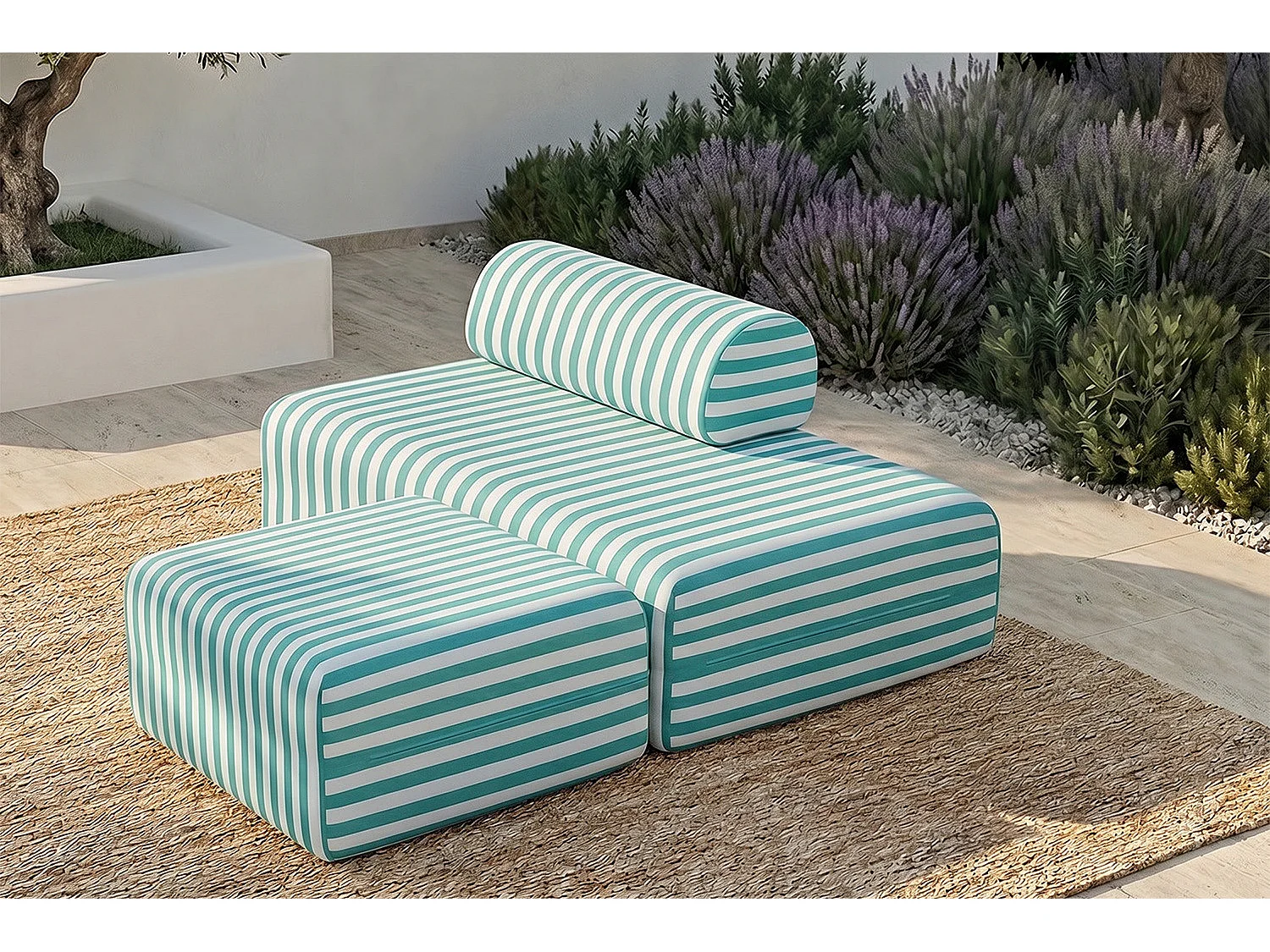 Pouf modulable - Tissu extérieur à rayures, blanc et bleu turquoise