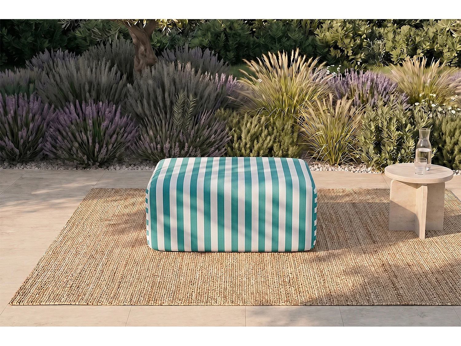 Pouf modulable - Tissu extérieur à rayures, blanc et bleu turquoise