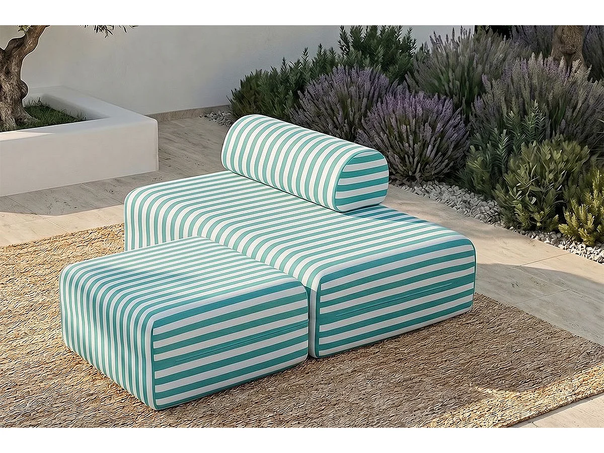 Pouf modulable - Tissu extérieur à rayures, blanc et bleu turquoise