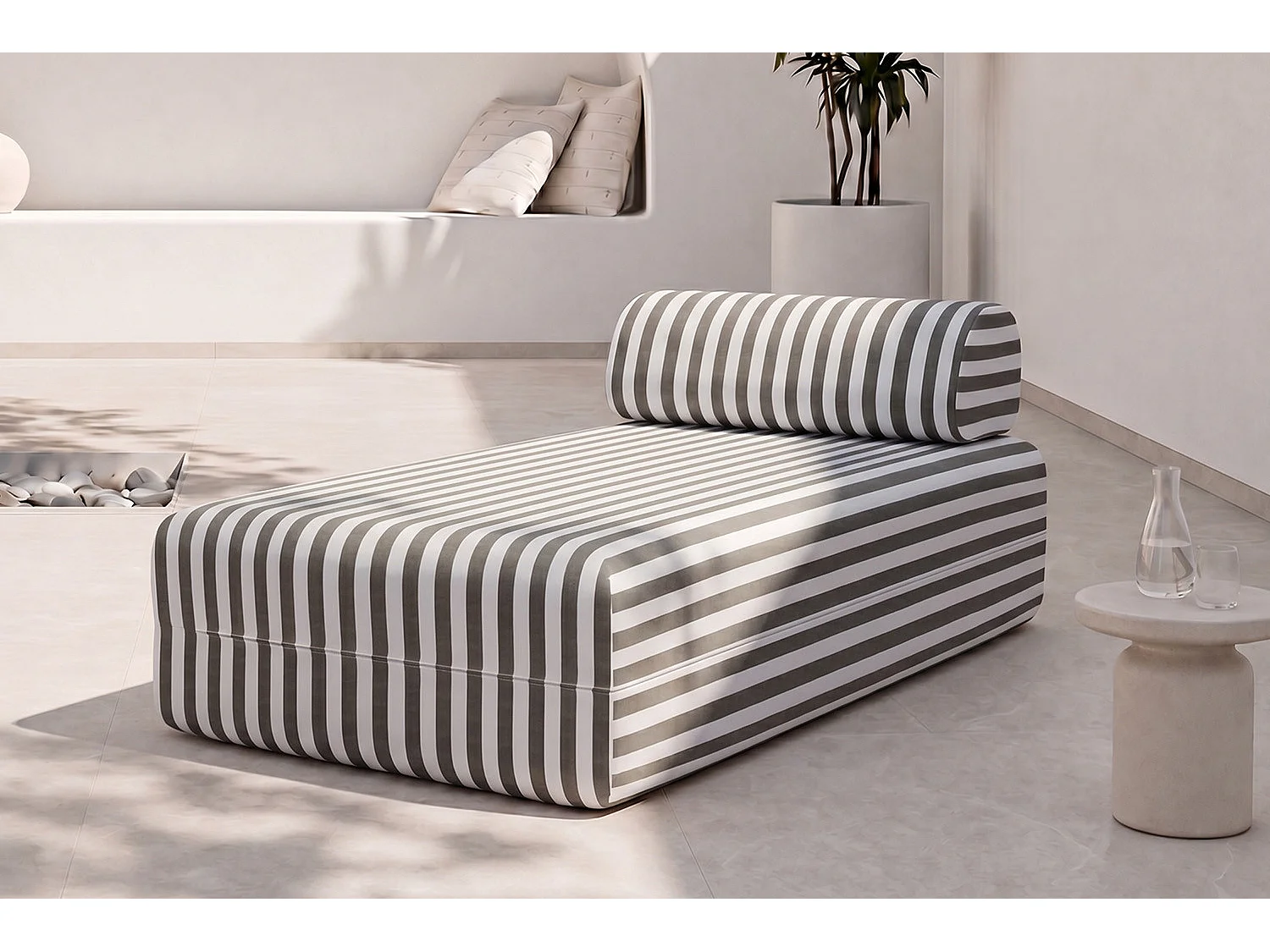 Méridienne modulable - Tissu extérieur à rayures, blanc et gris anthracite
