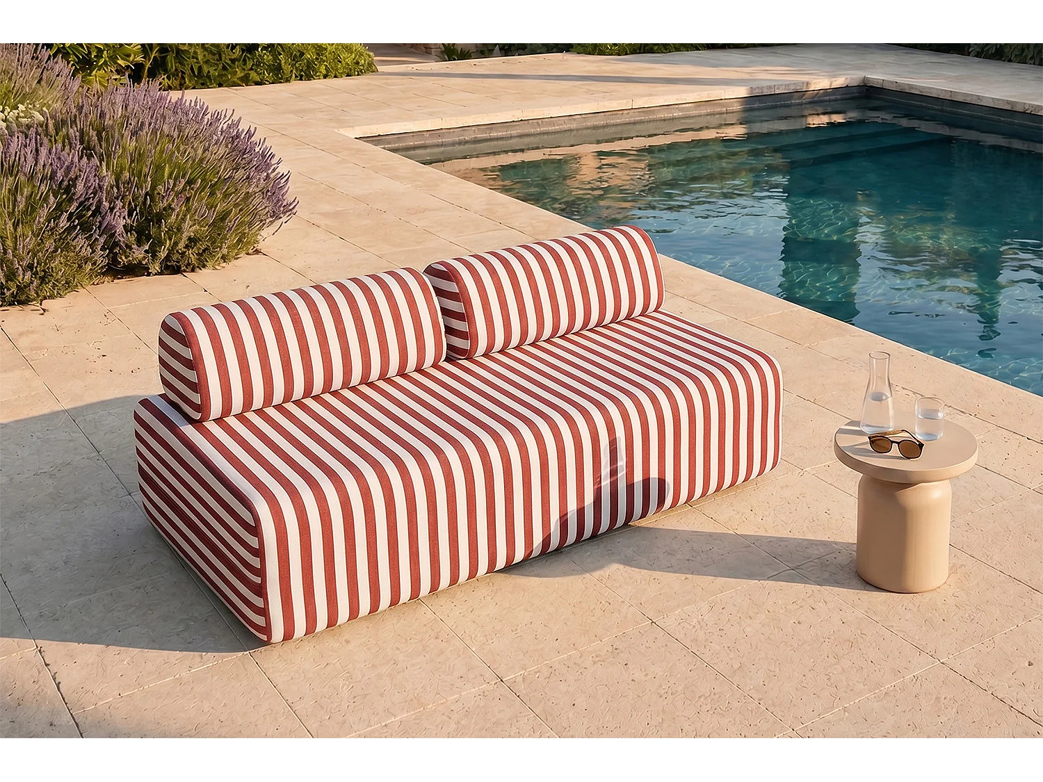 Canapé 3 places modulable - Tissu extérieur à rayures, blanc et rouge