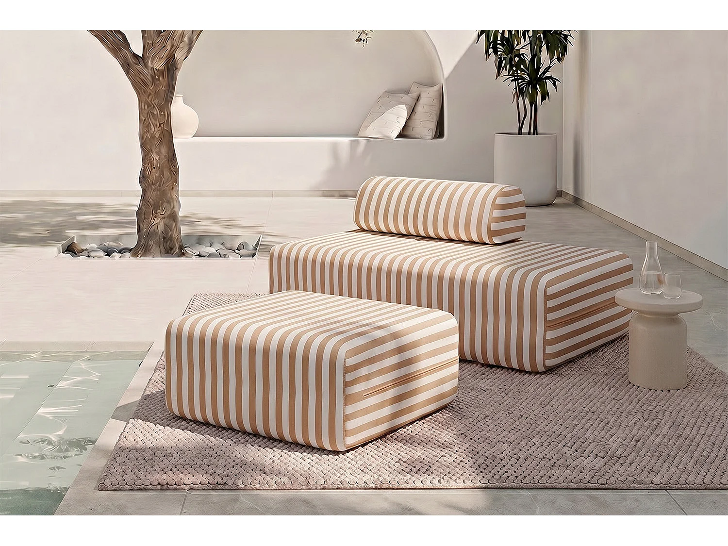 Pouf modulable - Tissu extérieur à rayures, blanc et marron