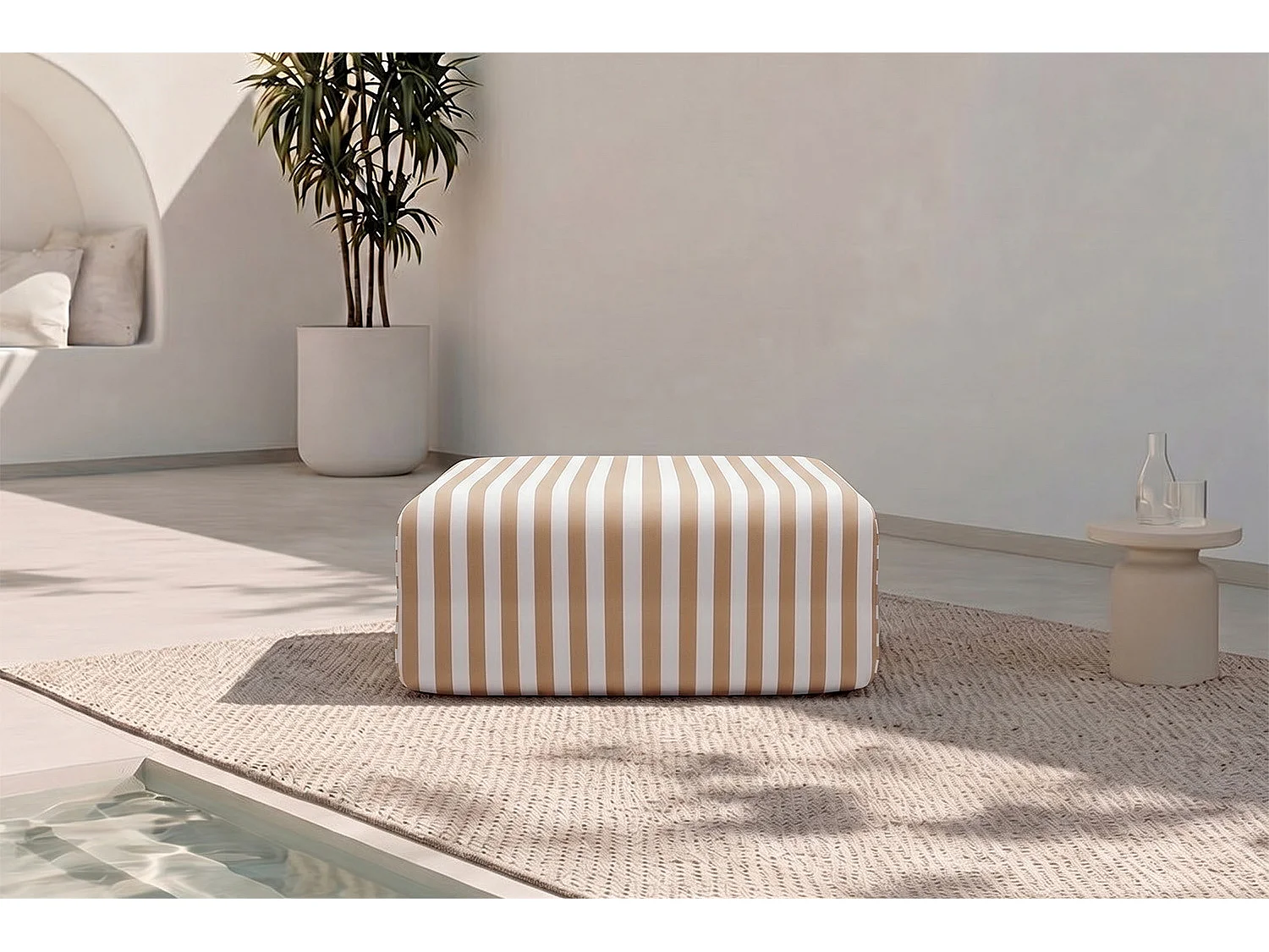 Pouf modulable - Tissu extérieur à rayures, blanc et marron