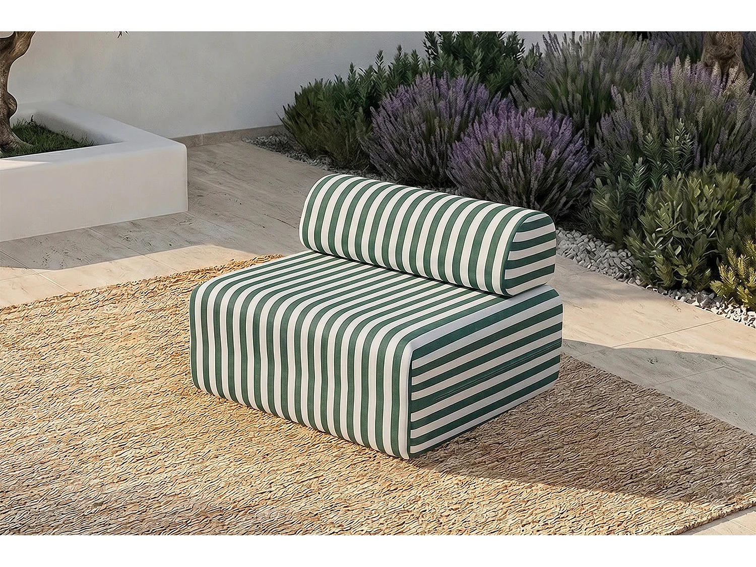 Fauteuil modulable - Tissu extérieur à rayures, blanc et vert foncé