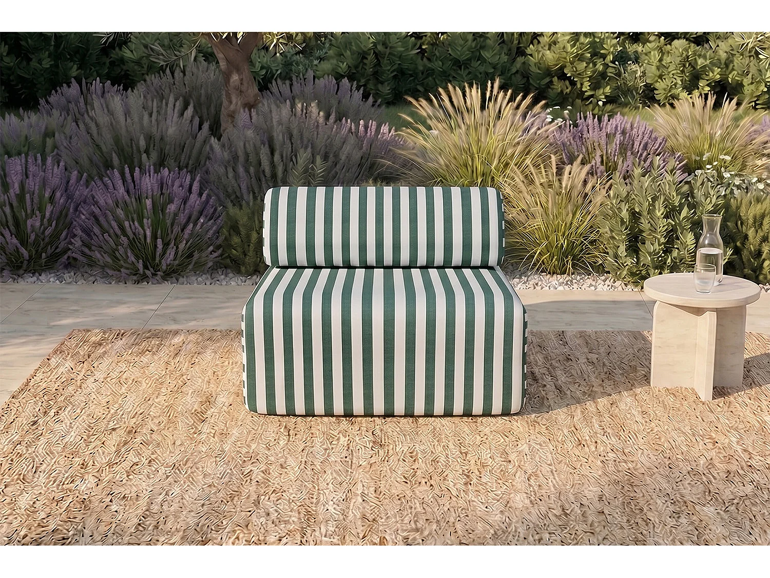 Fauteuil modulable - Tissu extérieur à rayures, blanc et vert foncé