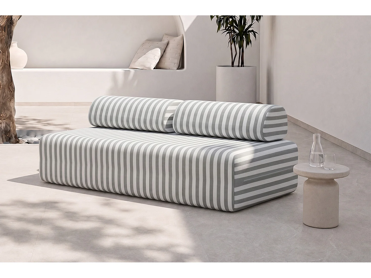 Canapé 3 places modulable - Tissu extérieur à rayures, blanc et gris