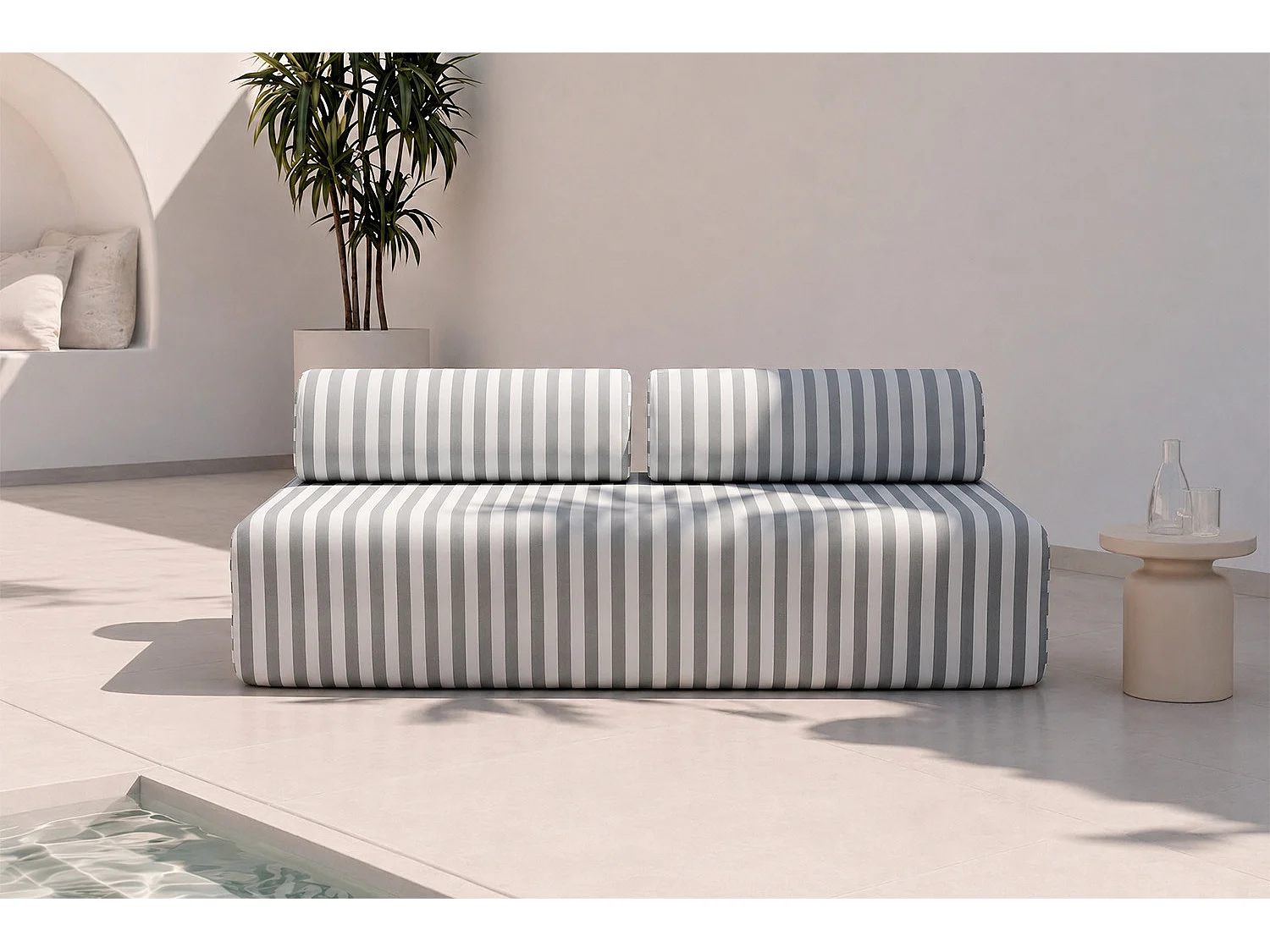Canapé 3 places modulable - Tissu extérieur à rayures, blanc et gris
