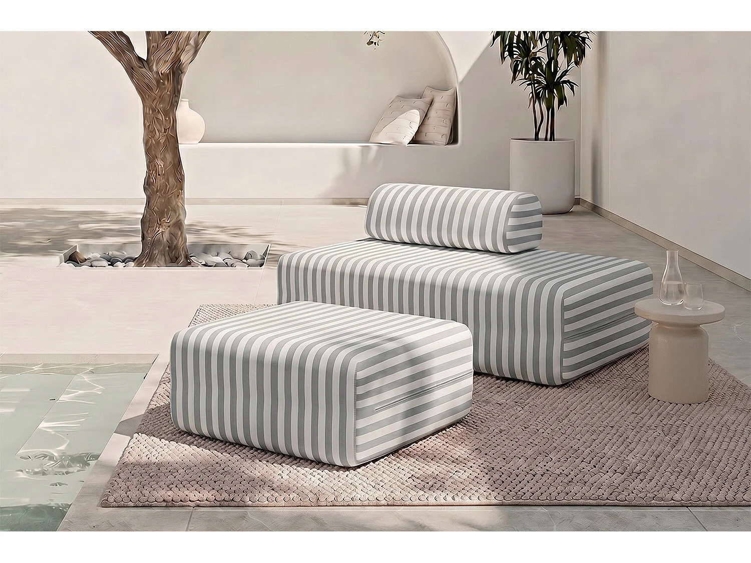 Pouf modulable - Tissu extérieur à rayures, blanc et gris