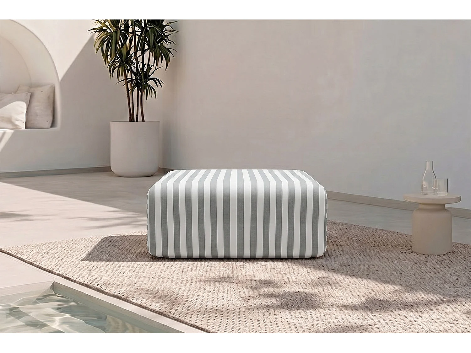 Pouf modulable - Tissu extérieur à rayures, blanc et gris