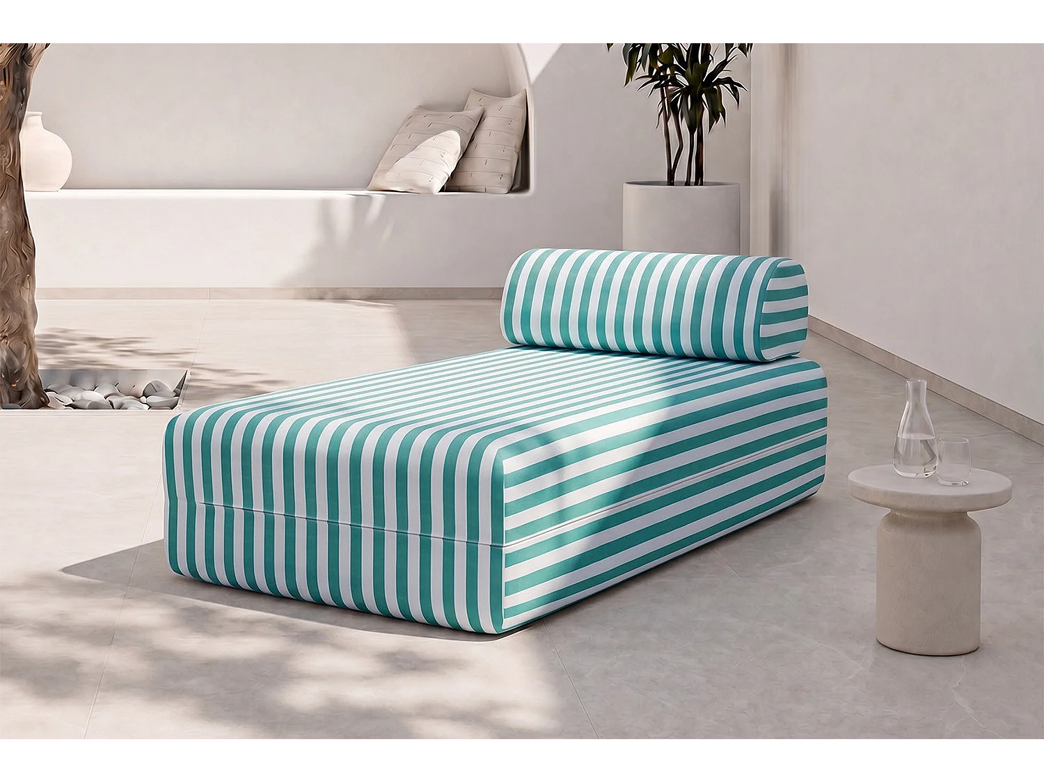 Méridienne modulable - Tissu extérieur à rayures, blanc et bleu turquoise
