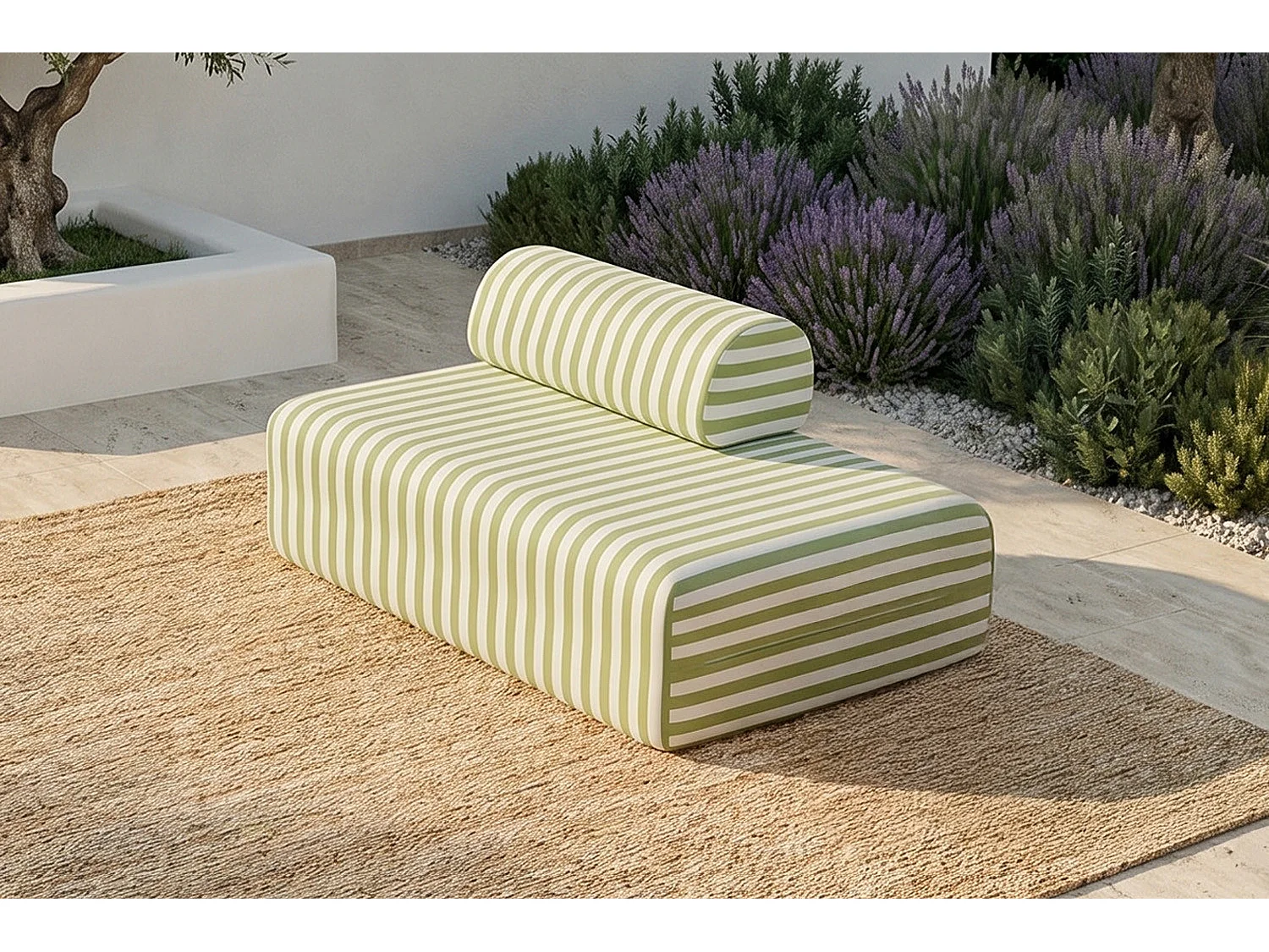 Canapé 2 places modulable - Tissu extérieur à rayures, blanc et vert anis