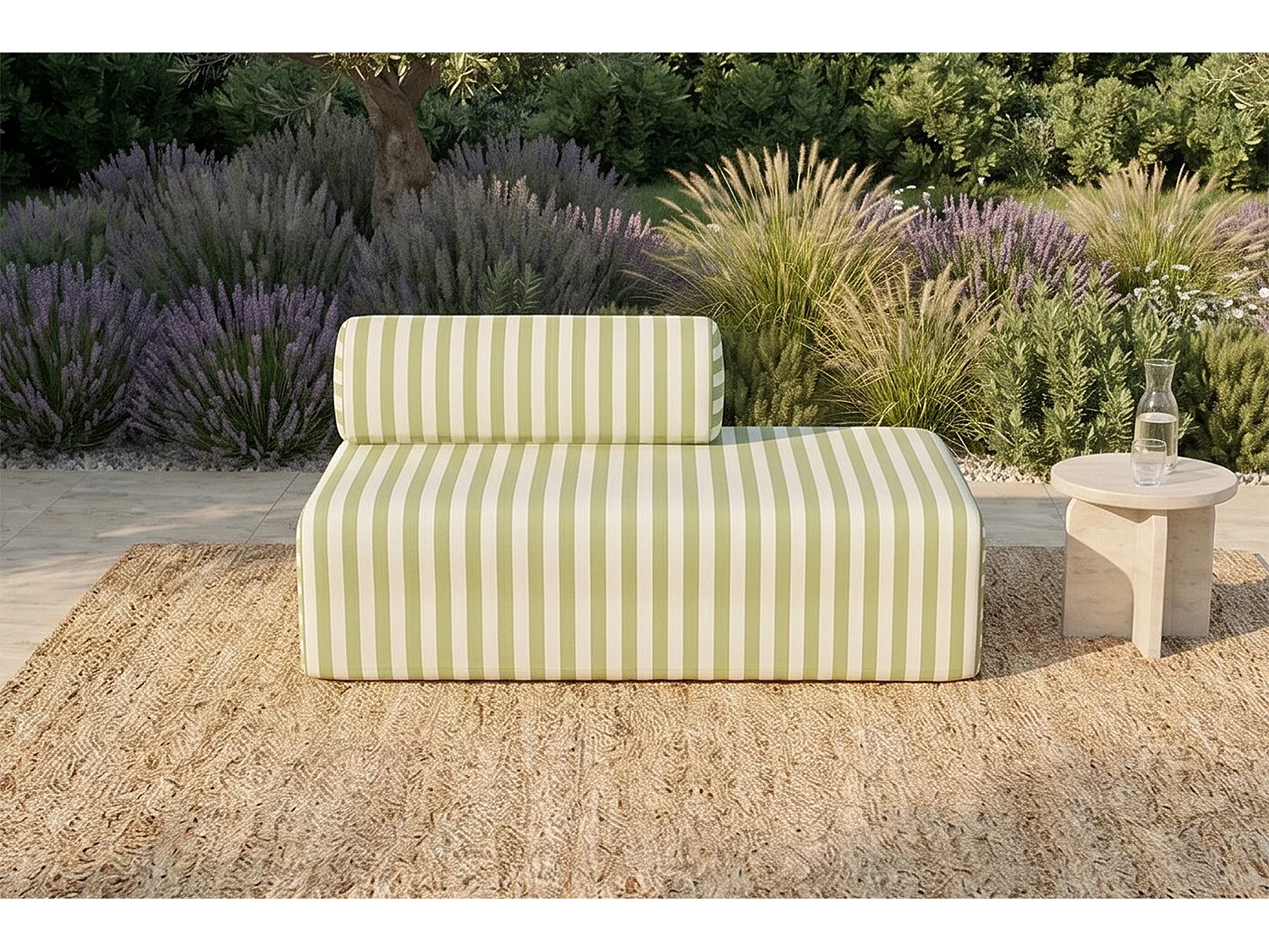 Canapé 2 places modulable - Tissu extérieur à rayures, blanc et vert anis