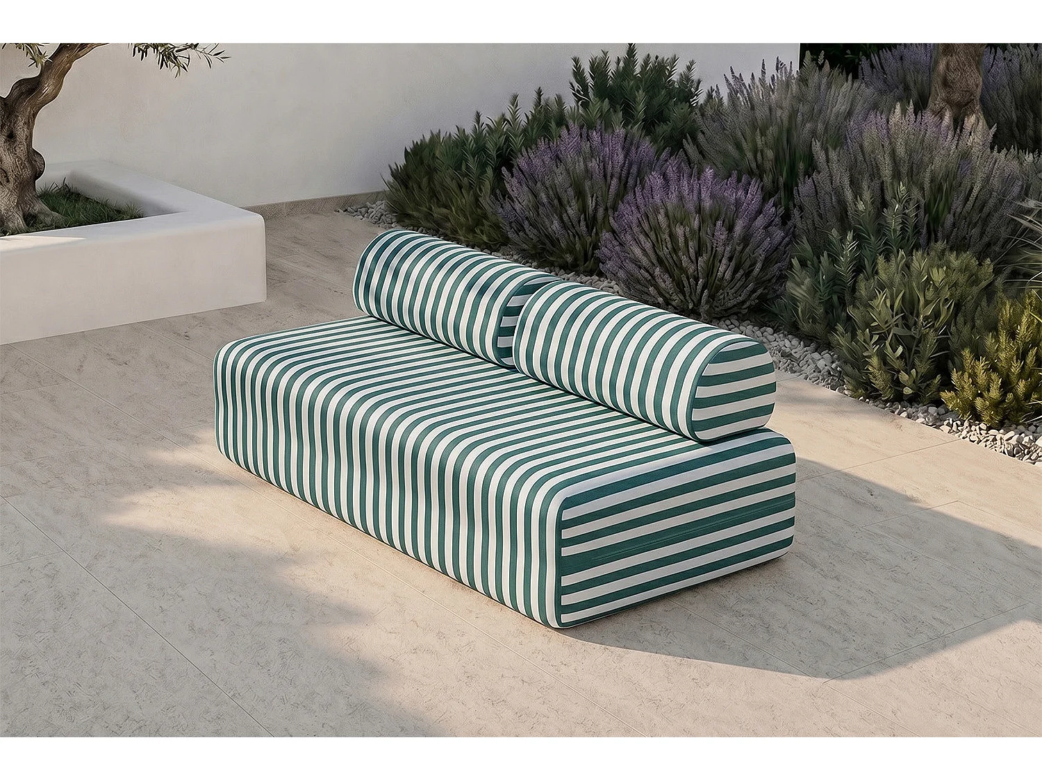 Canapé 3 places modulable - Tissu extérieur à rayures, blanc et vert foncé