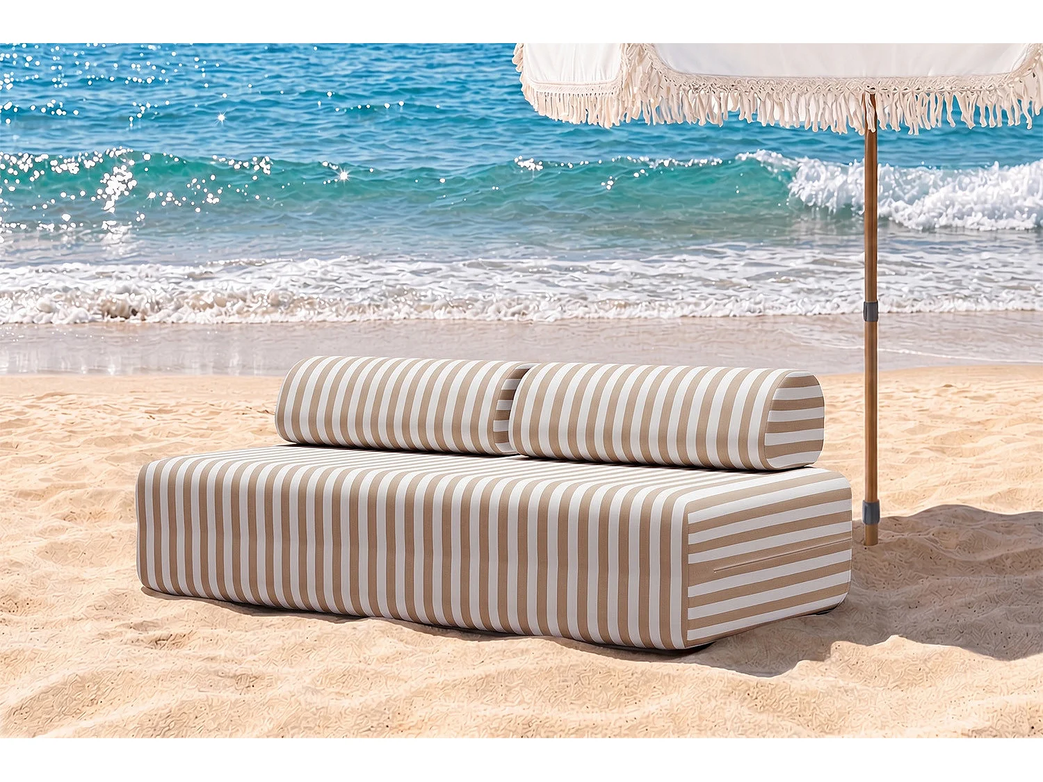 Canapé 3 places modulable - Tissu extérieur à rayures, blanc et marron