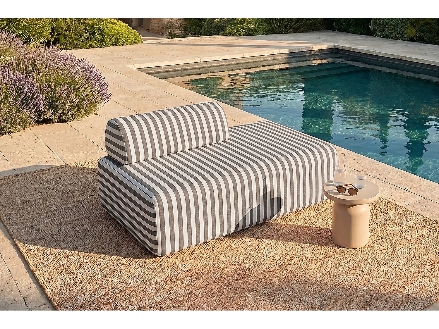 Canapé 2 places modulable - Tissu extérieur à rayures, blanc et gris anthracite