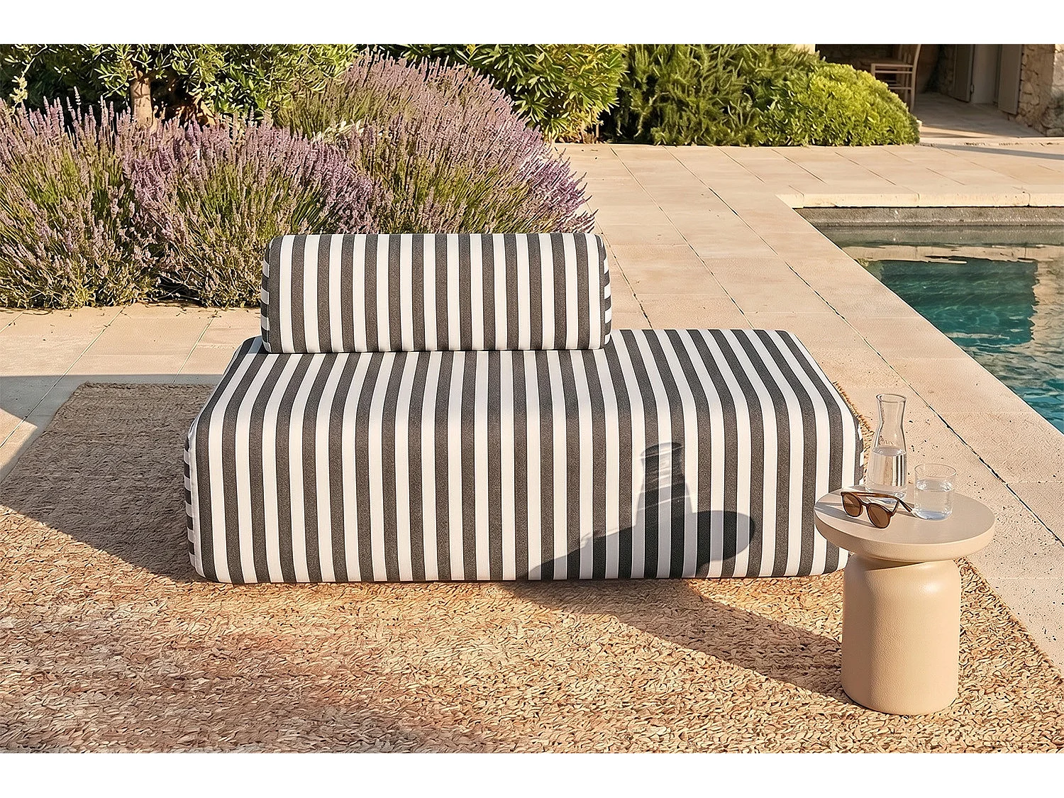 Canapé 2 places modulable - Tissu extérieur à rayures, blanc et gris anthracite