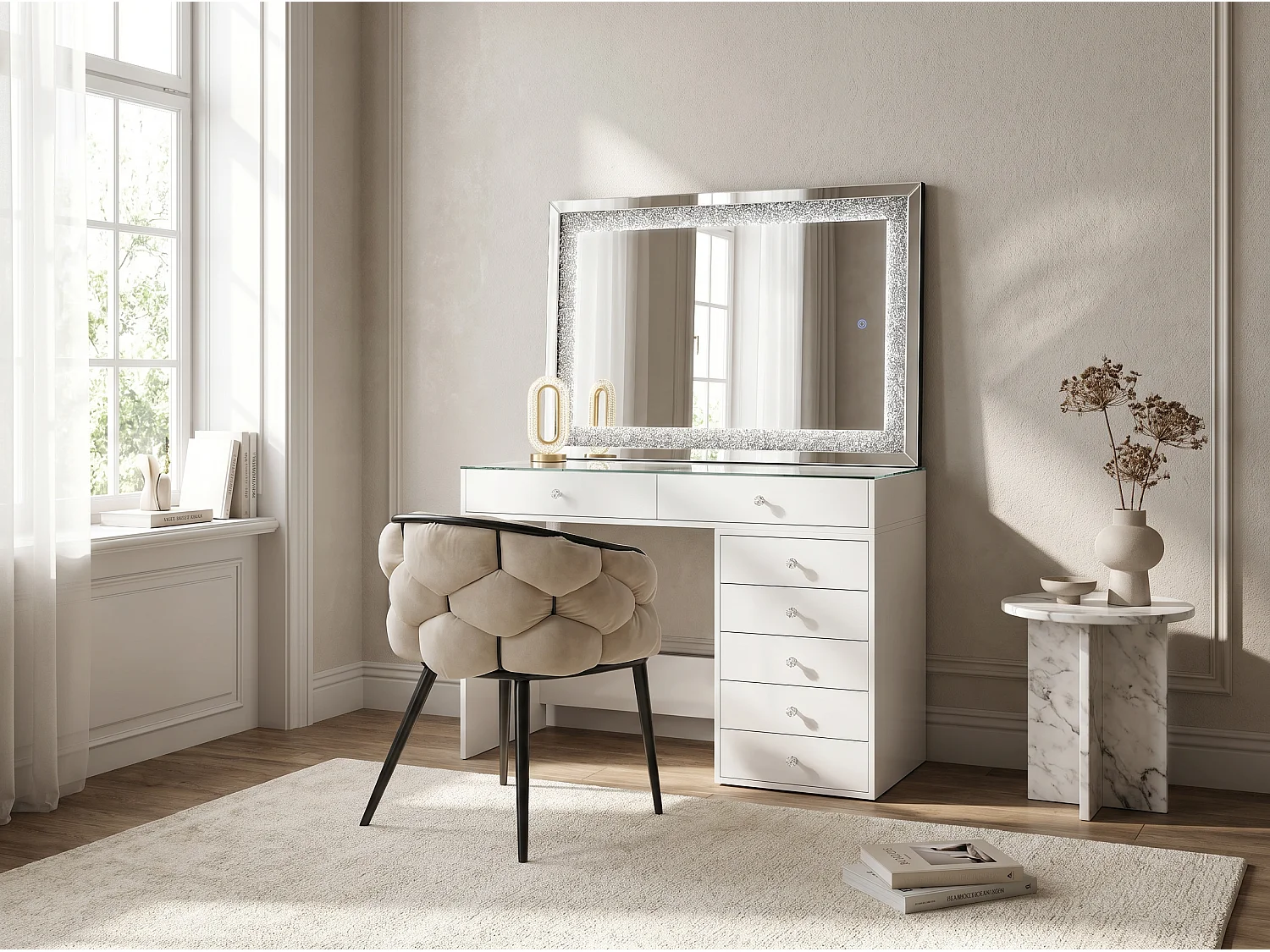 Homeluxury Weißer Schminktisch mit Spiegel und 7 Schubladen - Modernes Design und Funktionale Aufbewahrung 120cm