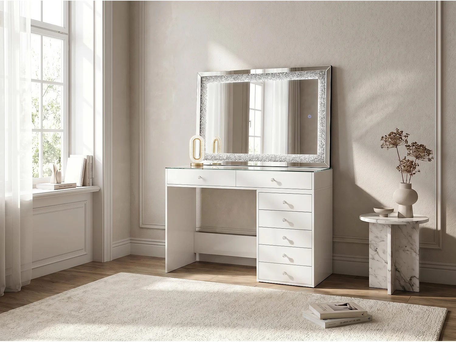 Homeluxury Weißer Schminktisch mit Spiegel und 7 Schubladen - Modernes Design und Funktionale Aufbewahrung 120cm