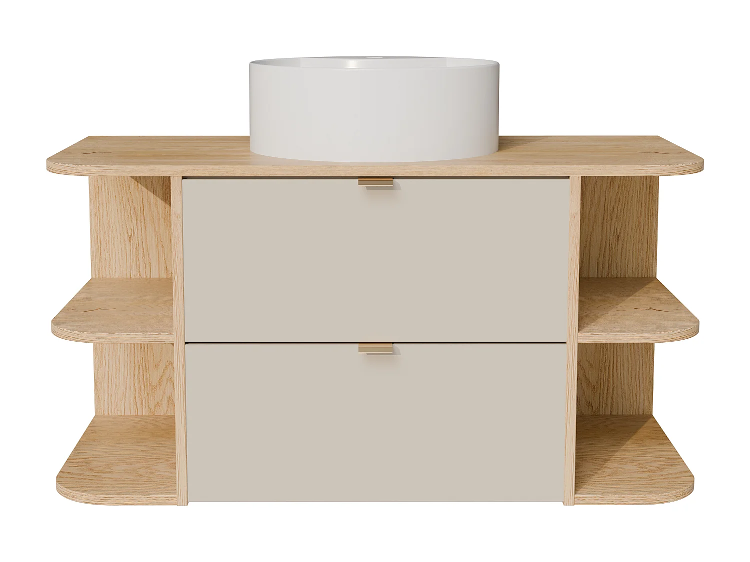 Meuble de salle de bain suspendu avec niches et vasque à poser ronde - Beige et naturel clair - 100 cm - LAVENA