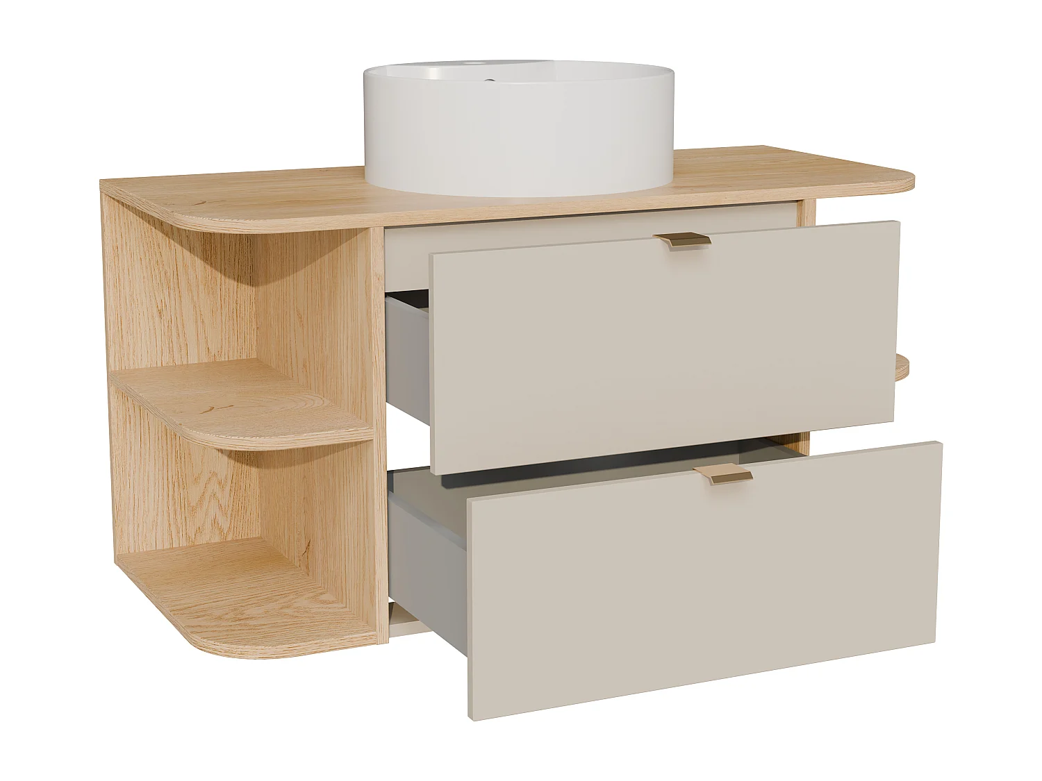 Meuble de salle de bain suspendu avec niches et vasque à poser ronde - Beige et naturel clair - 100 cm - LAVENA