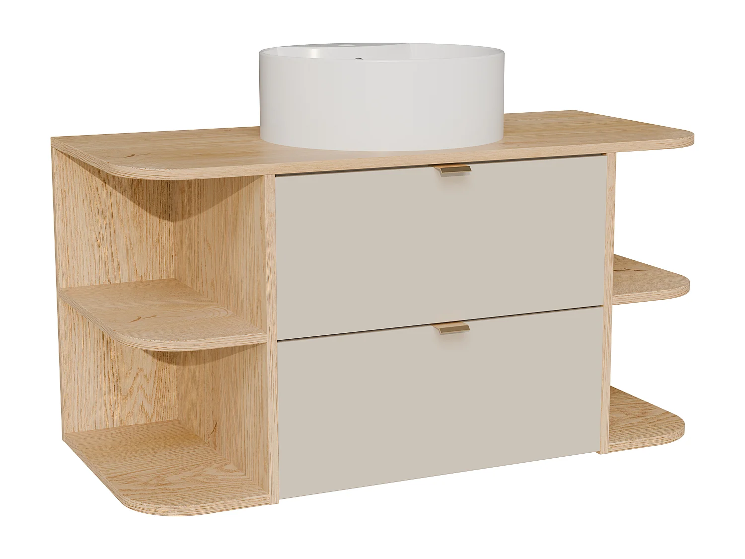 Meuble de salle de bain suspendu avec niches et vasque à poser ronde - Beige et naturel clair - 100 cm - LAVENA