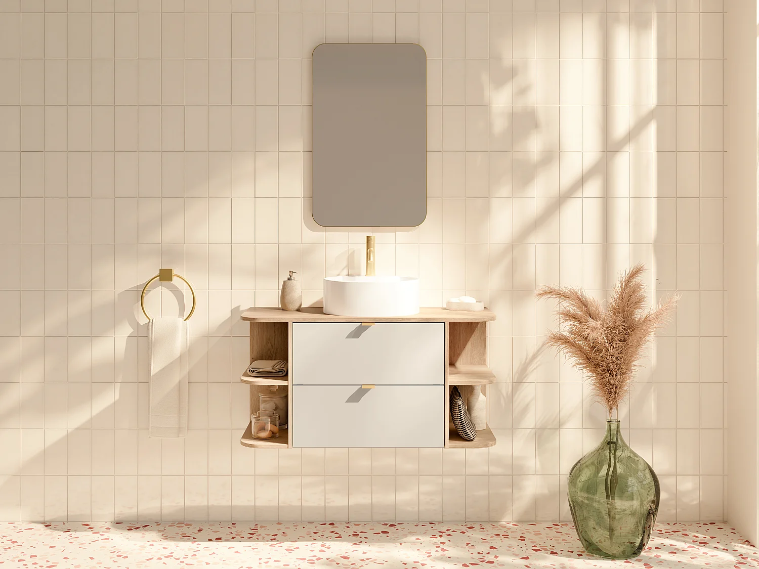 Mobile sotto lavabo sospeso con nicchie Beige e Naturale chiaro 100 cm - LAVENA
