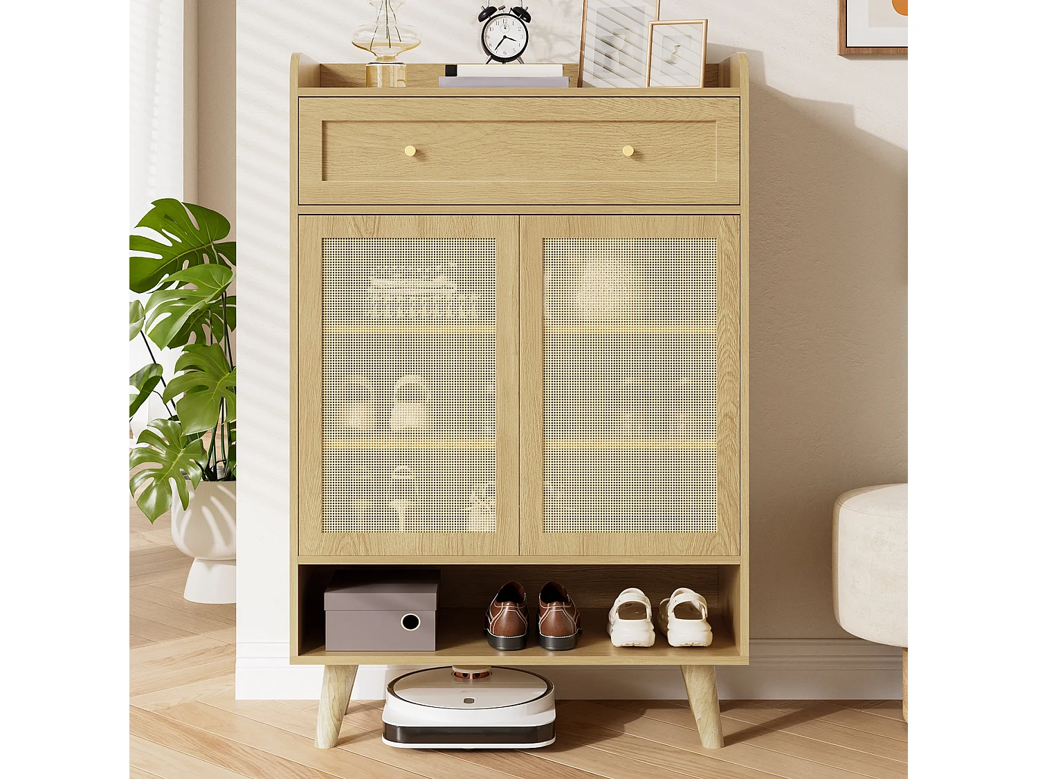 Meuble à chaussures en rotin naturel 80x35x105cm - 2 portes et 1 tiroir - panneau de particule + bois massif - Naturel