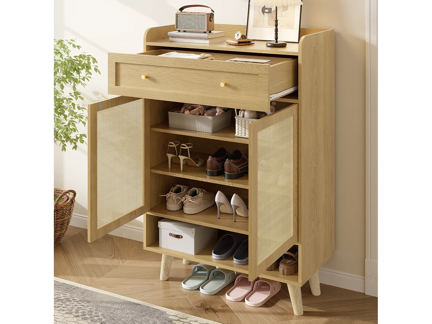Meuble à chaussures en rotin naturel 80x35x105cm - 2 portes et 1 tiroir - panneau de particule + bois massif - Naturel
