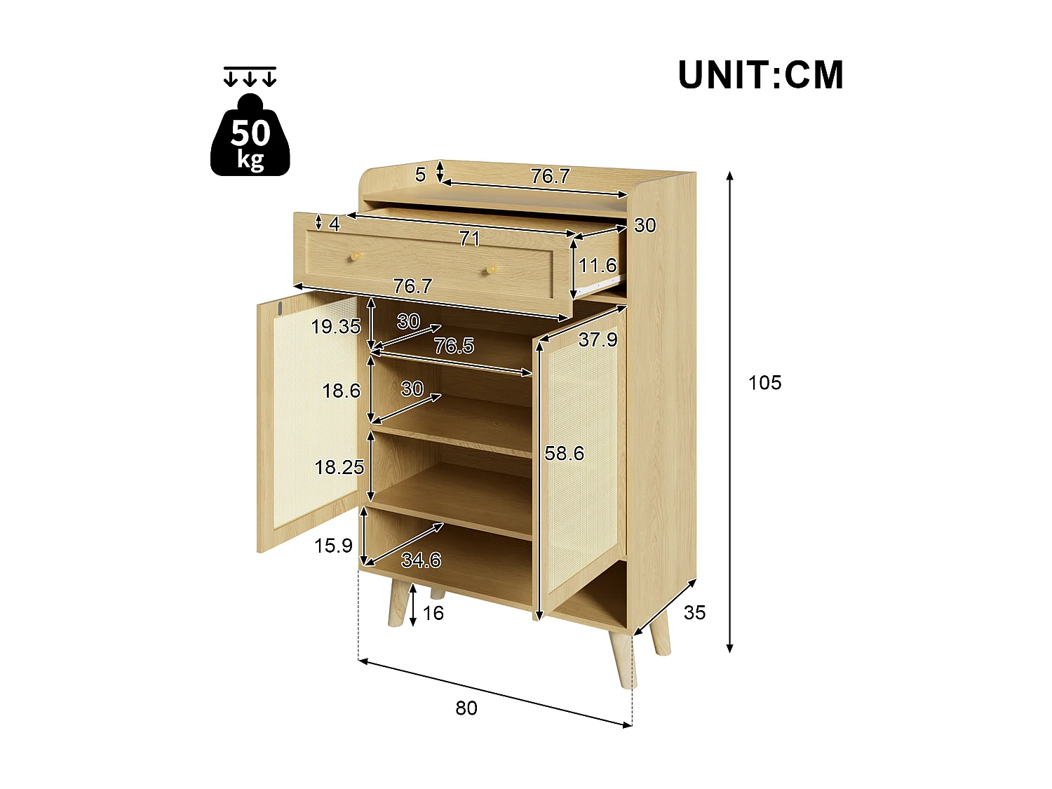 Meuble à chaussures en rotin naturel 80x35x105cm - 2 portes et 1 tiroir - panneau de particule + bois massif - Naturel
