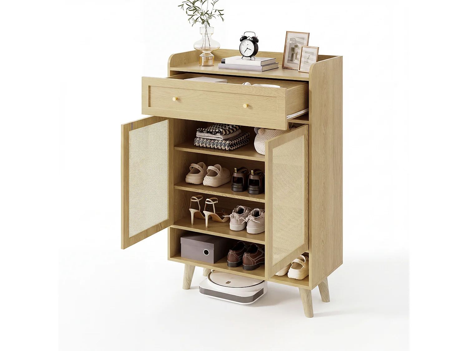 Meuble à chaussures en rotin naturel 80x35x105cm - 2 portes et 1 tiroir - panneau de particule + bois massif - Naturel