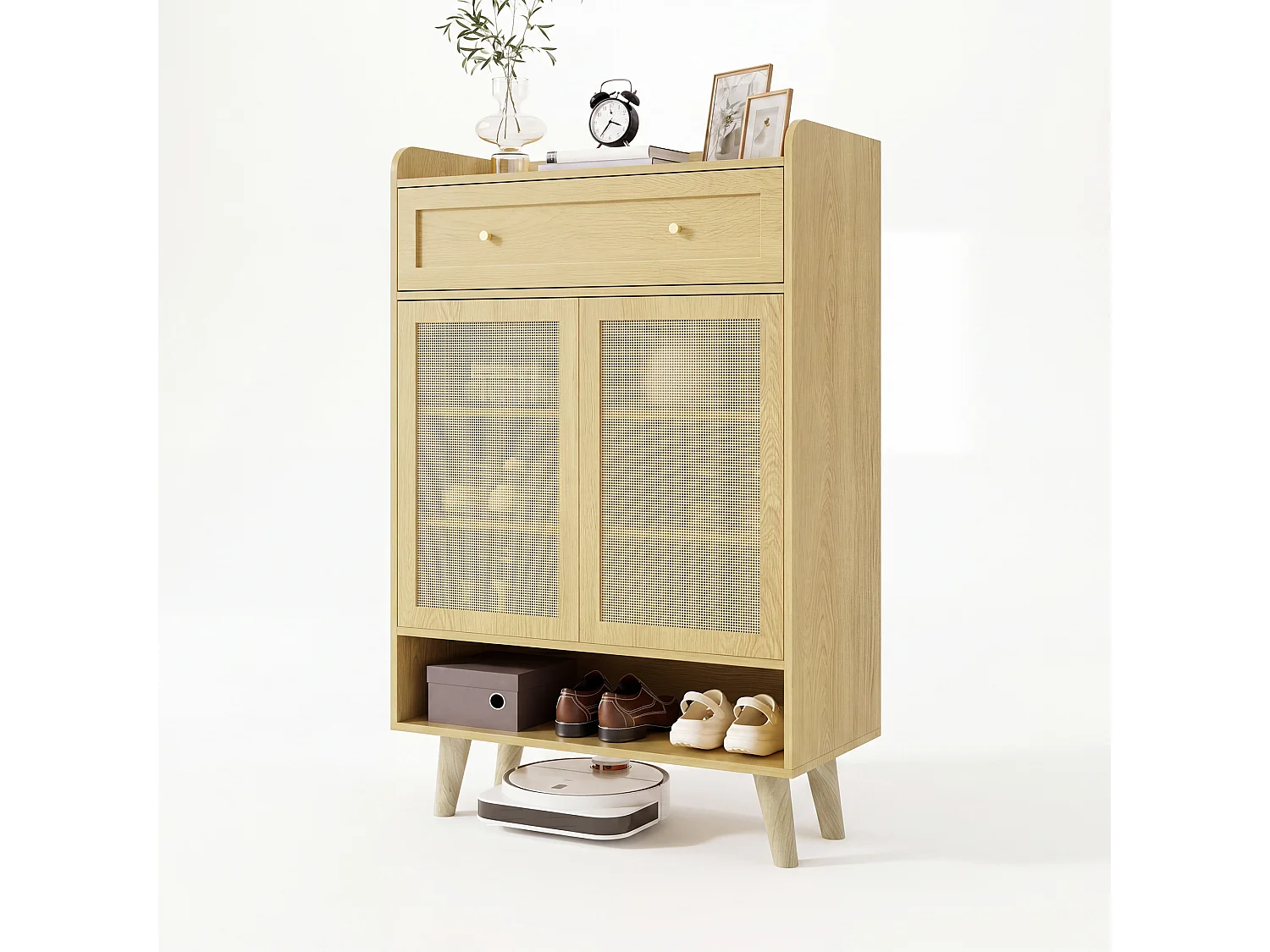 Meuble à chaussures en rotin naturel 80x35x105cm - 2 portes et 1 tiroir - panneau de particule + bois massif - Naturel