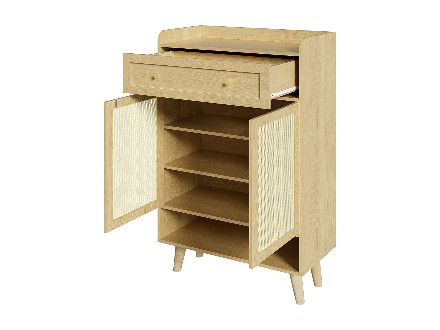 Meuble à chaussures en rotin naturel 80x35x105cm - 2 portes et 1 tiroir - panneau de particule + bois massif - Naturel