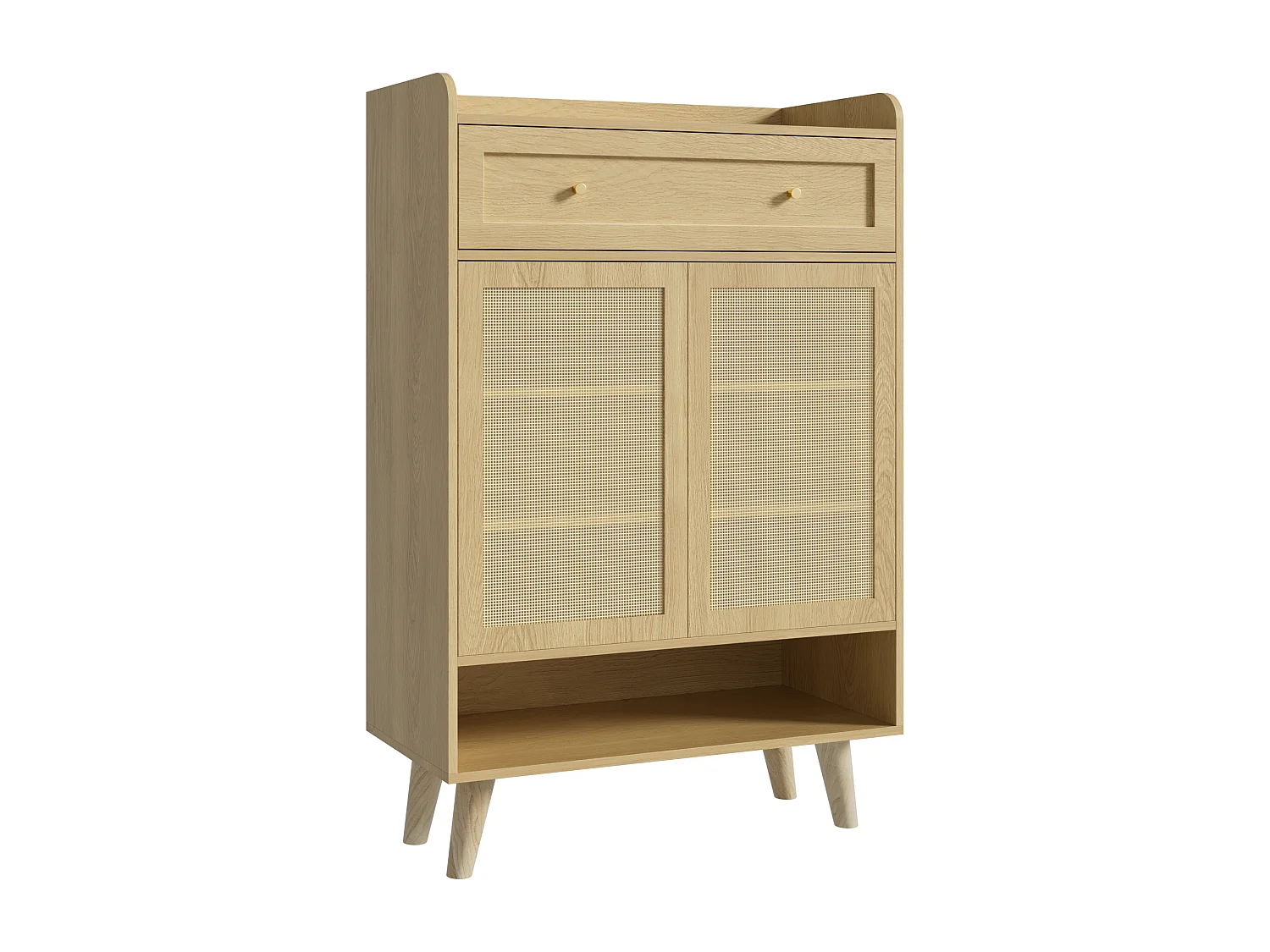 Meuble à chaussures en rotin naturel 80x35x105cm - 2 portes et 1 tiroir - panneau de particule + bois massif - Naturel