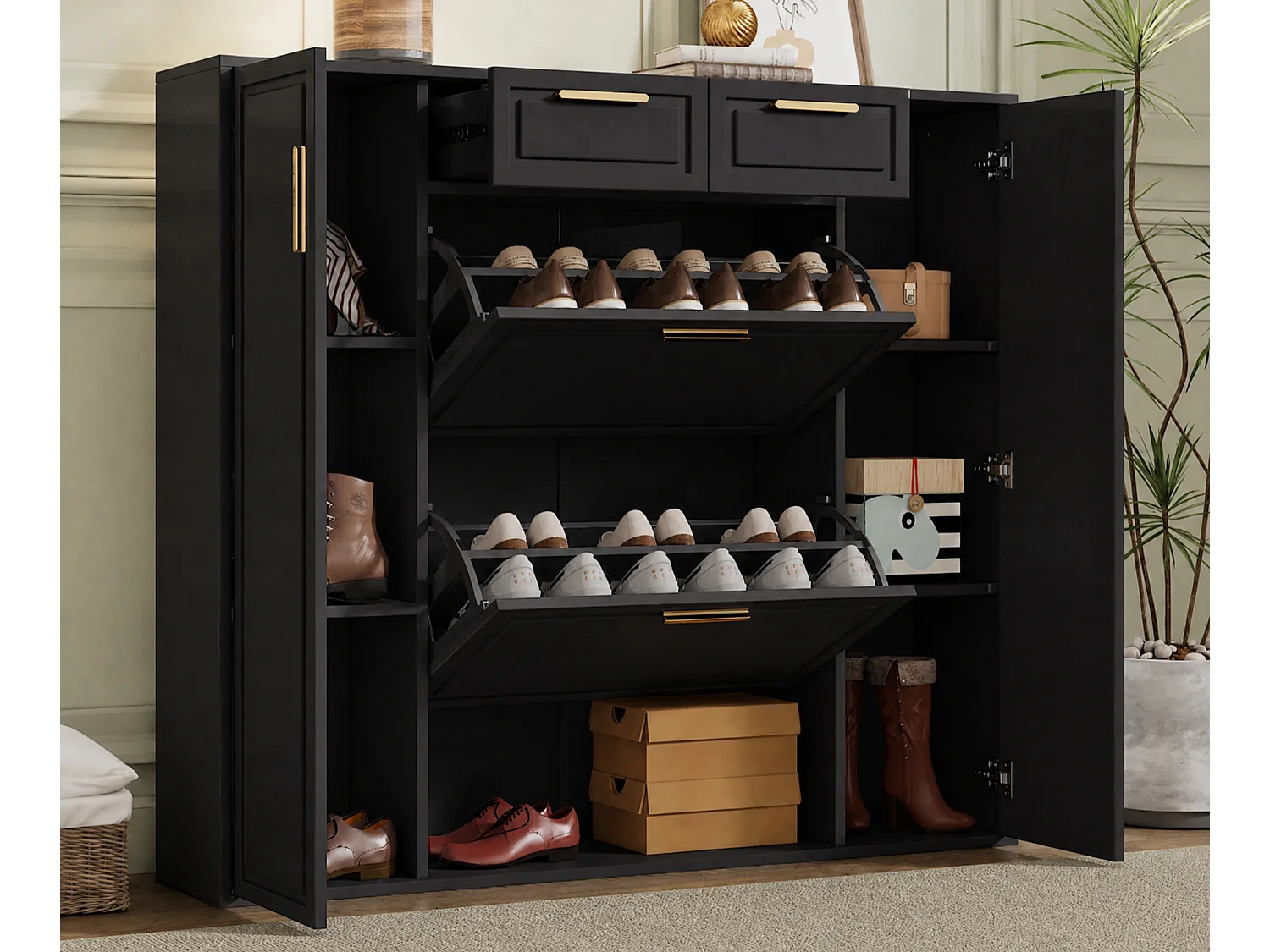 Meuble à chaussures moderne 120x24x107cm - 2 portes et 2 tiroirs - 2 portes abattants - Noir