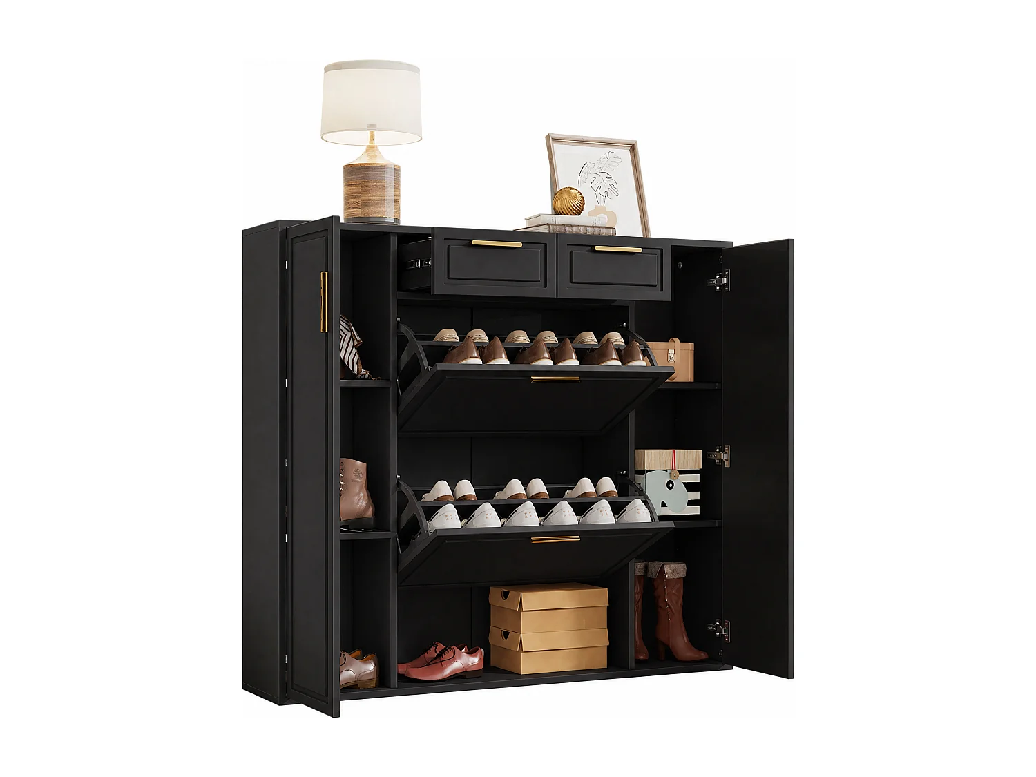 Meuble à chaussures moderne 120x24x107cm - 2 portes et 2 tiroirs - 2 portes abattants - Noir