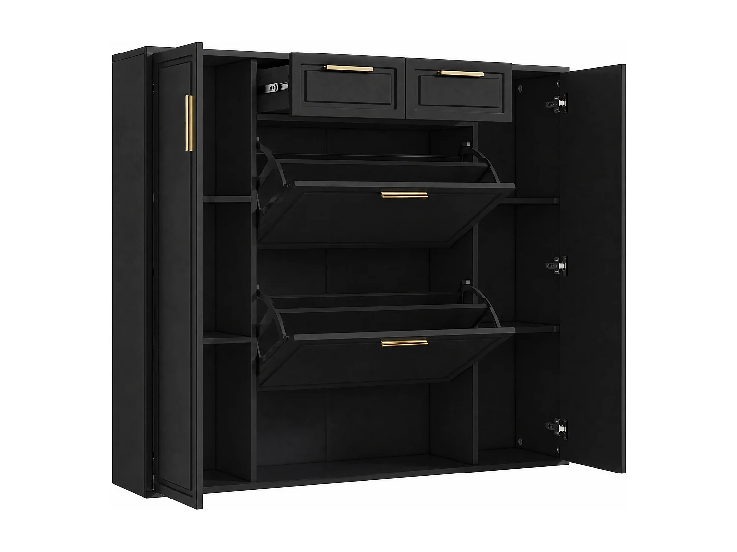 Meuble à chaussures moderne 120x24x107cm - 2 portes et 2 tiroirs - 2 portes abattants - Noir