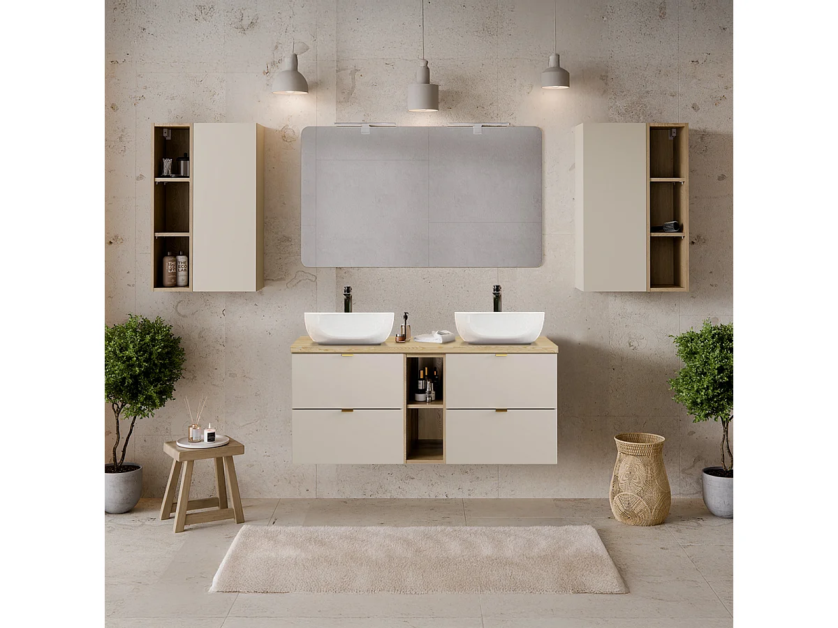 Meuble double vasque 120cm 2 niches Azel Cachemire et Bois