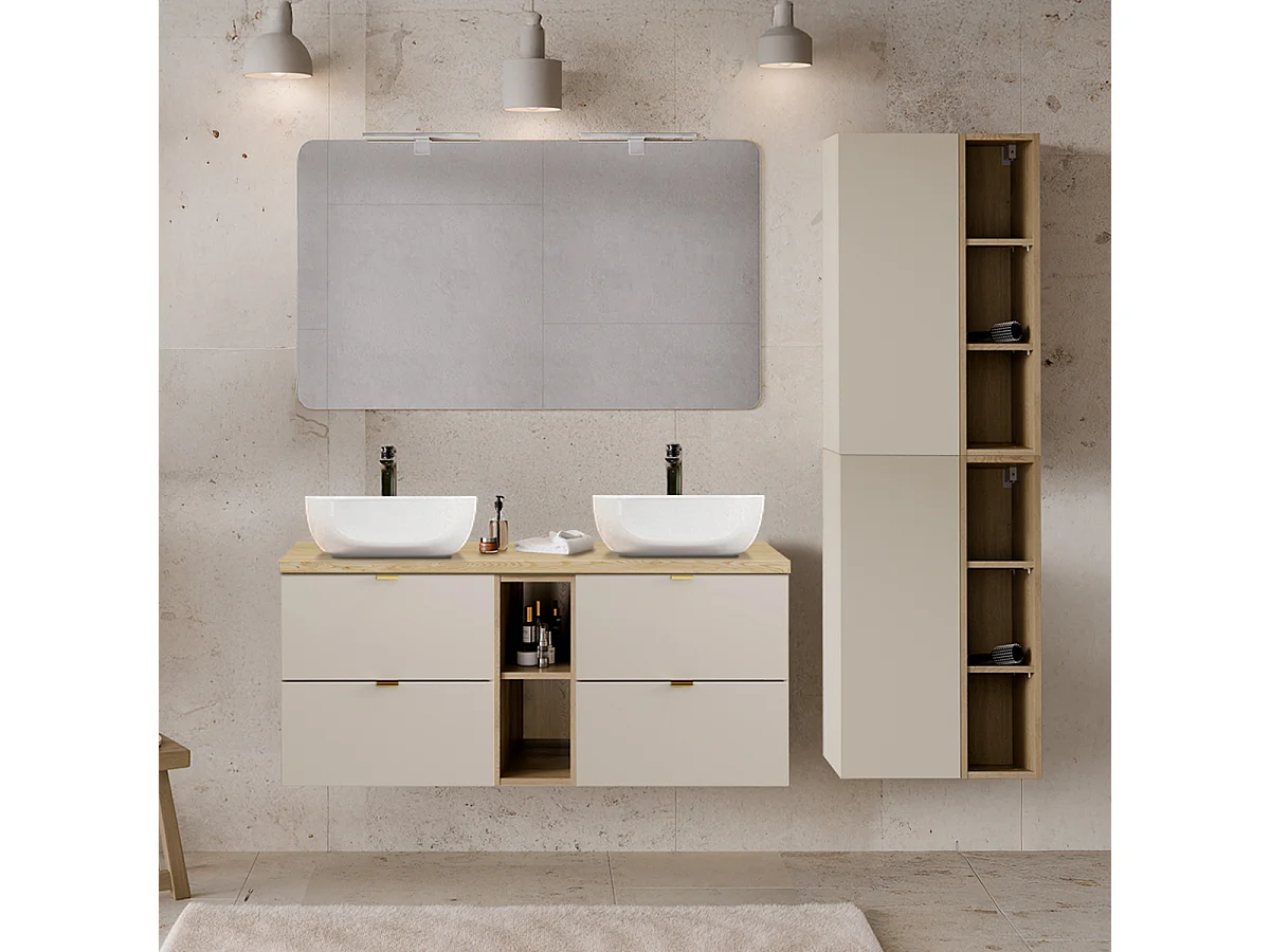 Meuble double vasque 120cm 2 niches Azel Cachemire et Bois