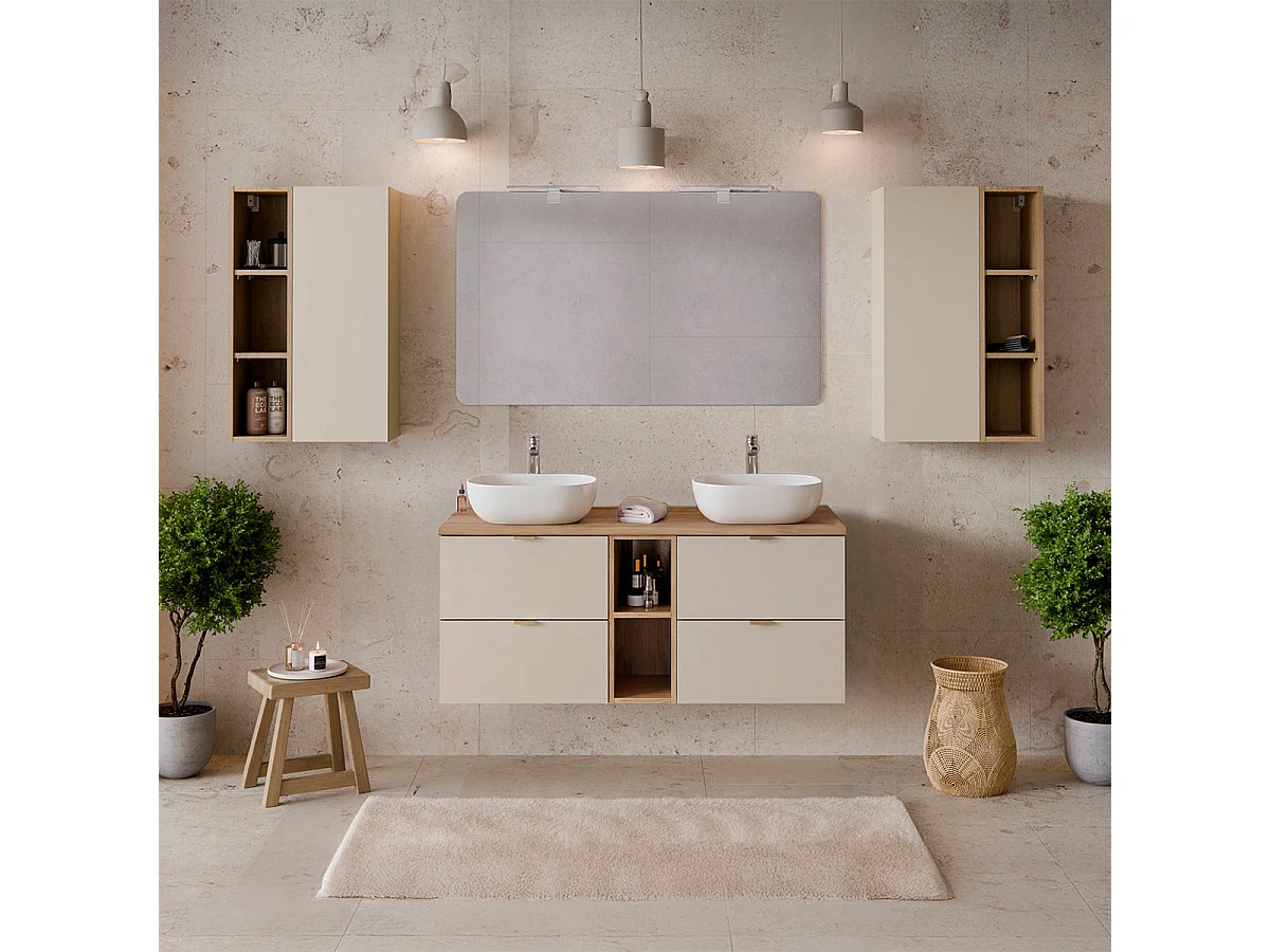 Meuble double vasque 120cm 2 niches Azel Cachemire et Bois