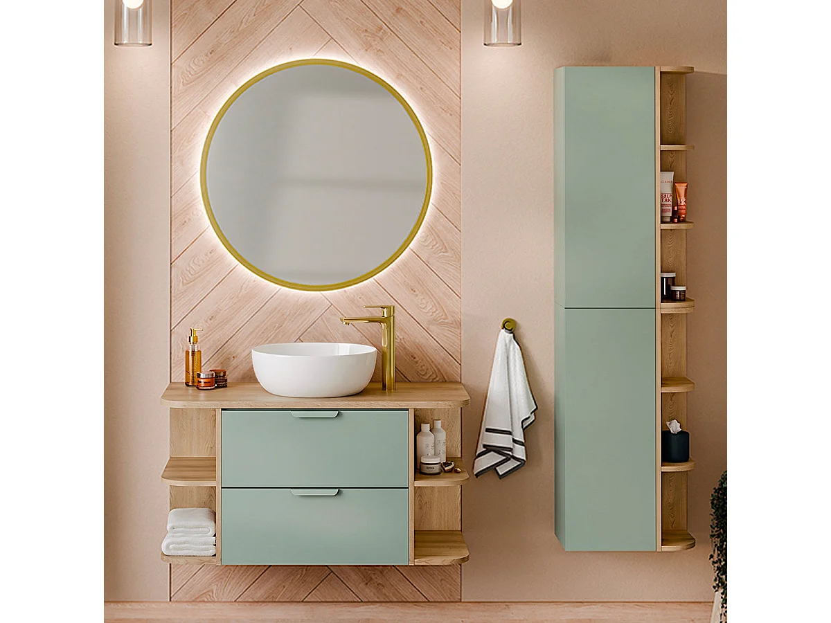 Oria 100cm lavabo individual con nichos redondeados Verde mate
