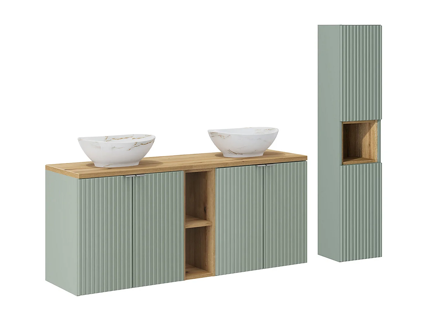 Ensemble meuble double vasque 140cm 4 portes 2 niches et colonne Jade Vert et Bois